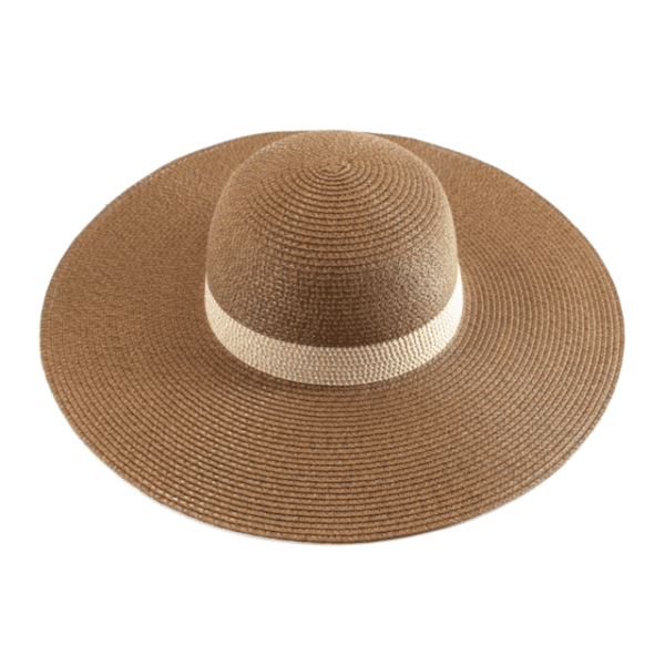 A brown hat with white ribbon around the rim.